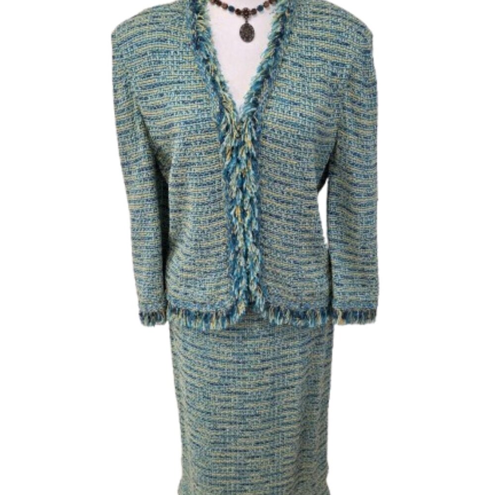 St. John Couture Skirt Suit Size 10 Multicolor Aqua Blue Green Tweed - Picture 4 of 14